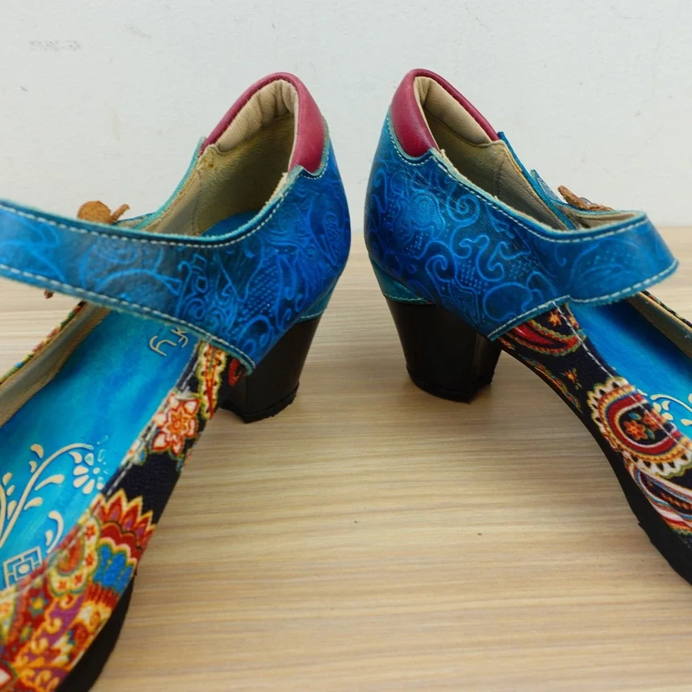 Paisley Mary Jane Pumps Womens 8 Blue Boho Festival Block Heel Artisan SOCOFY 39